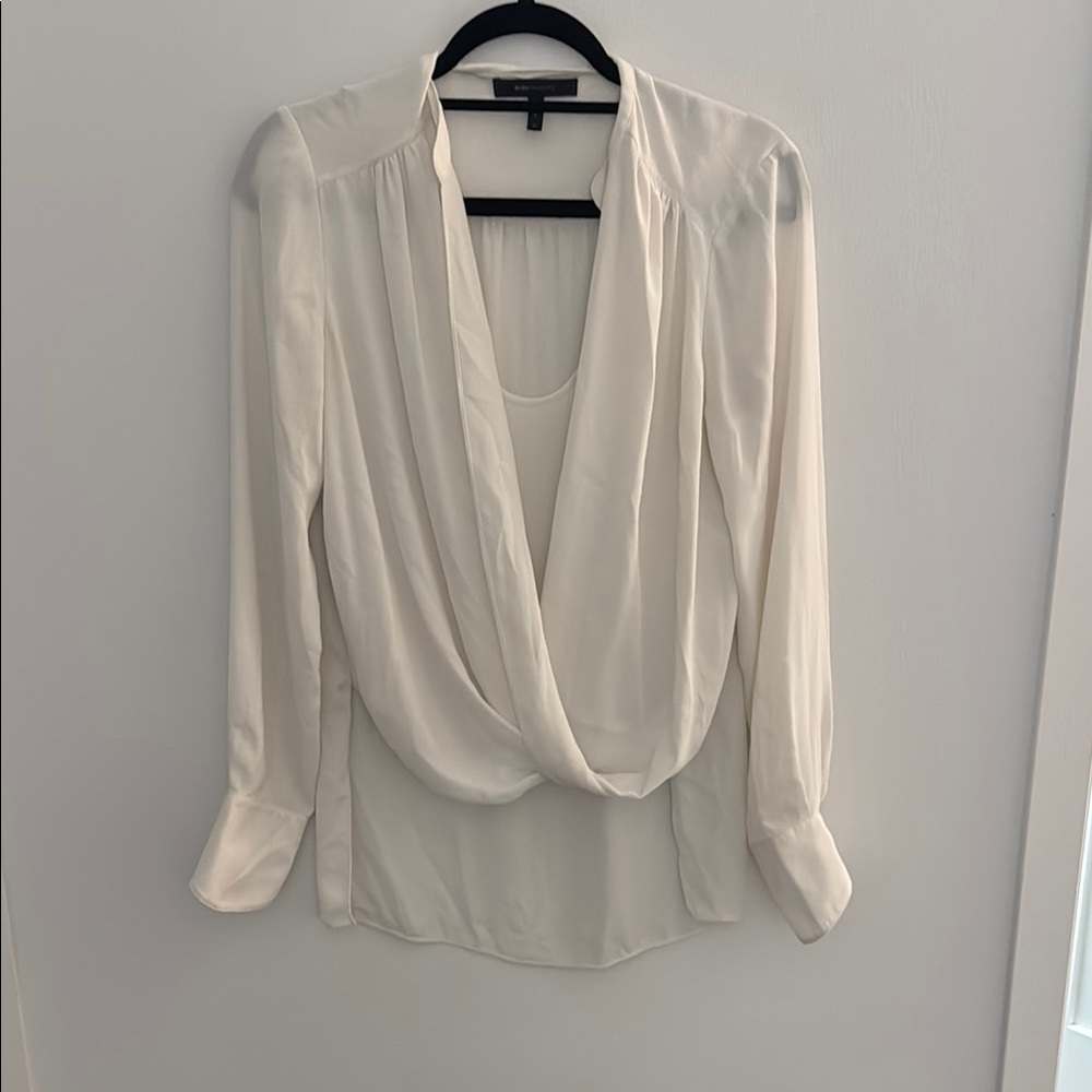 BCBGMaxAzria White Long Sleeve Draped Blouse